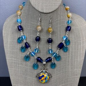 Handmade Necklace Earrings Set Quartz & Glass 925 Silver Mosaic Jasper Pendant